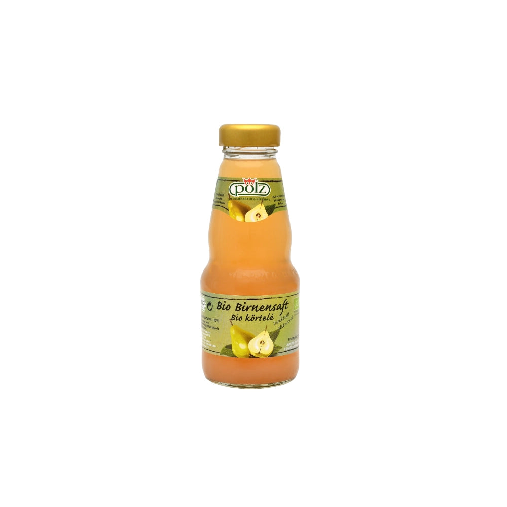 Flasche Bio-Birnensaft auf weißem Hintergrund
