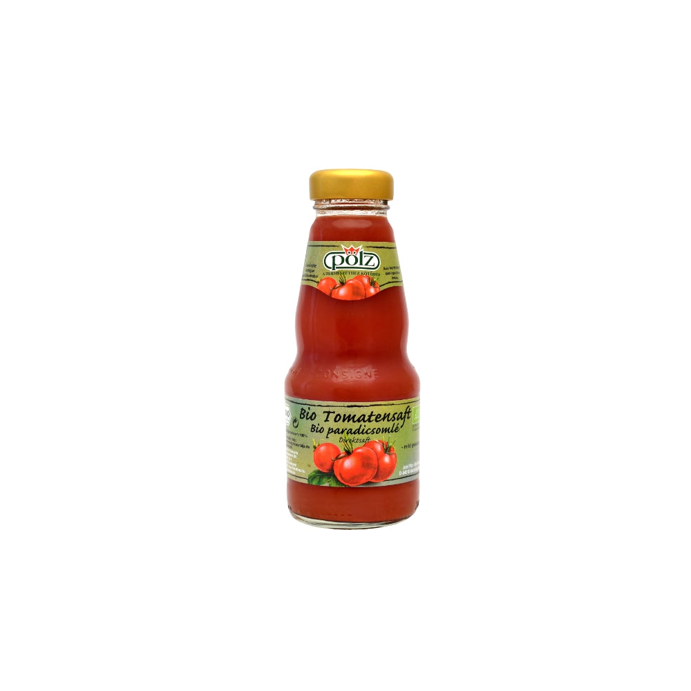 Bio-Tomatensaft-Flasche vor weißem Hintergrund.