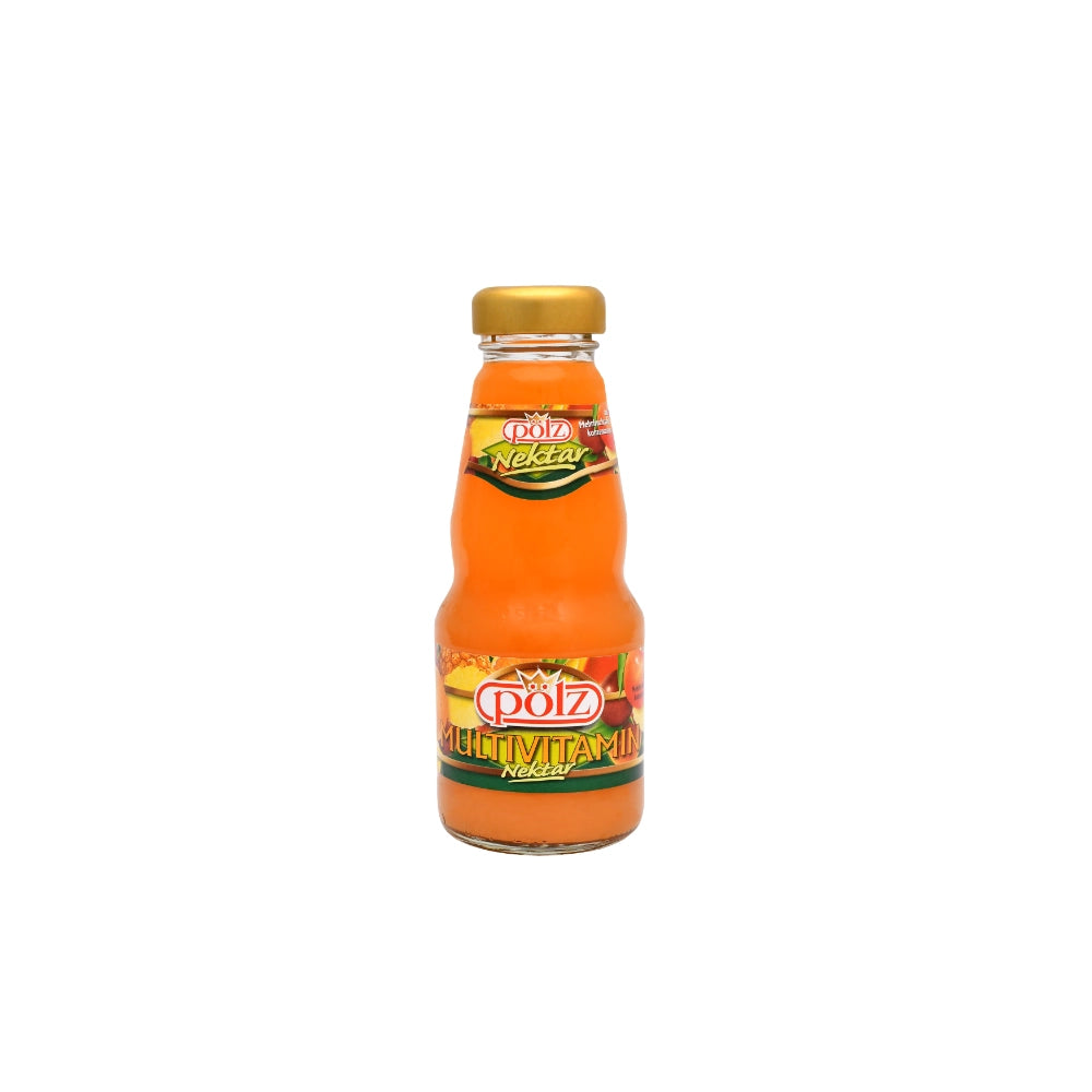 Flasche Multivitaminnektar vor weißem Hintergrund.