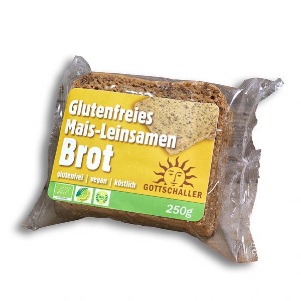 Bio Mais-Leinsamen Brot in der 250 Gramm Packung von der Gottschaller Biohofbäckerei